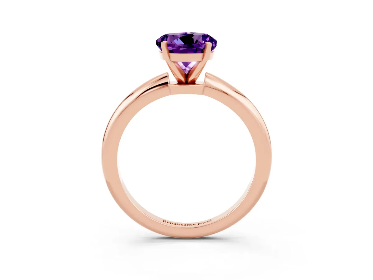 Round Cut Amethyst Solitaire Ring with Six-Prong Setting and Classic Band Rose gold