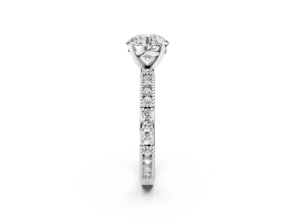 Round Cut Solitaire with Pavé Band and Four-Prong Setting Platinum