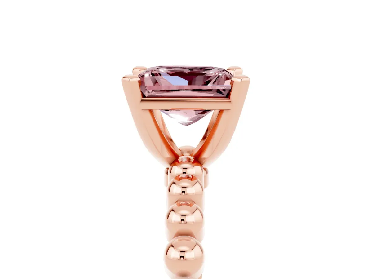 Princess Cut Morganite Solitaire Ring with Beaded Band and Prong Setting Rose gold