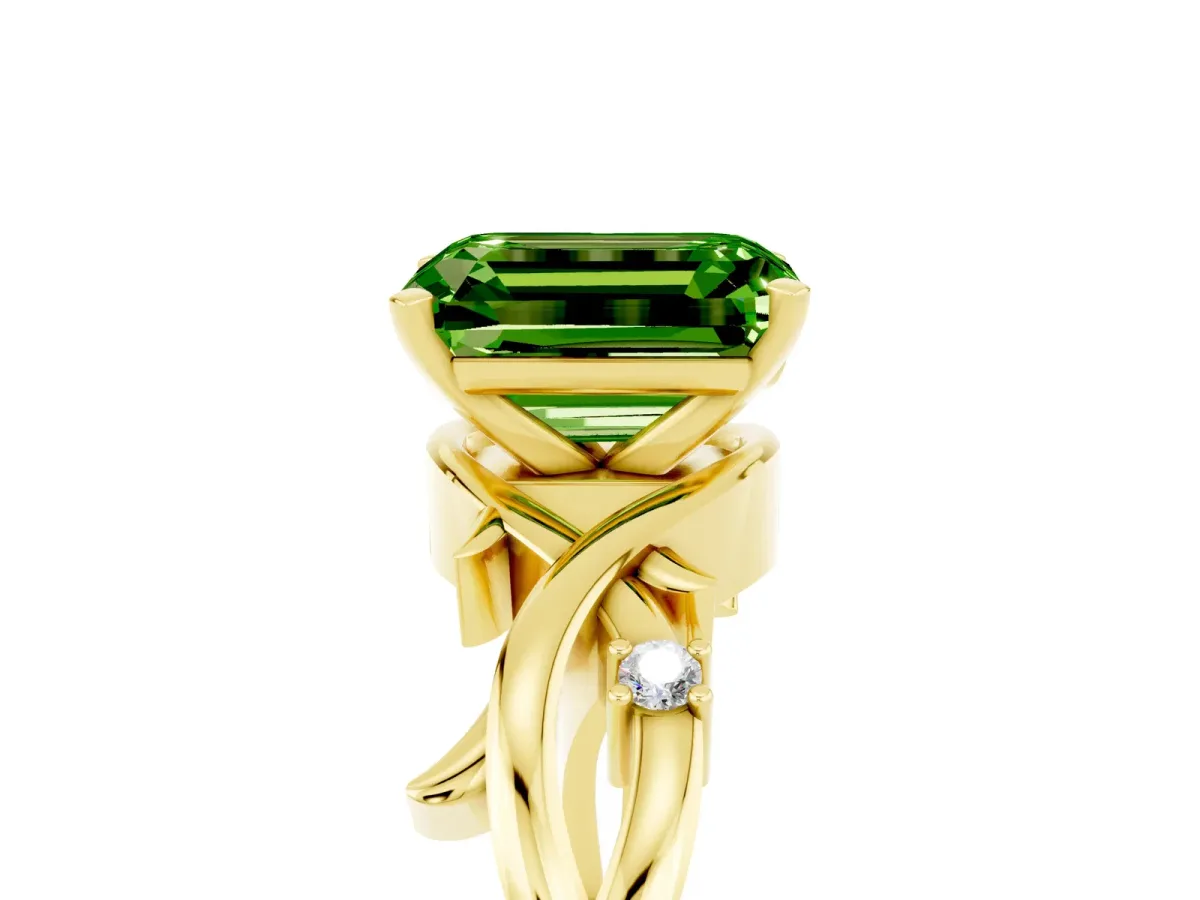Emerald Cut Peridot Solitaire Ring with Twisted Band and Prong Setting Yellow gold