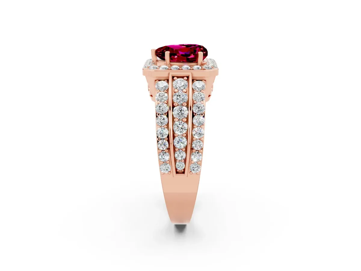 Heart Cut Halo Garnet Ring with Round Split Shank and Prong Setting Rose gold