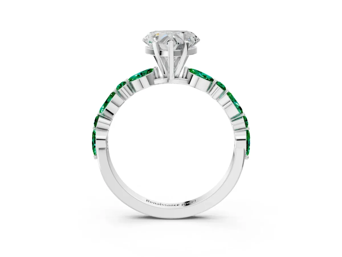 Heart Cut Diamond Ring with Marquise and Round Emerald Side Stones and Four-Prong Setting Silver