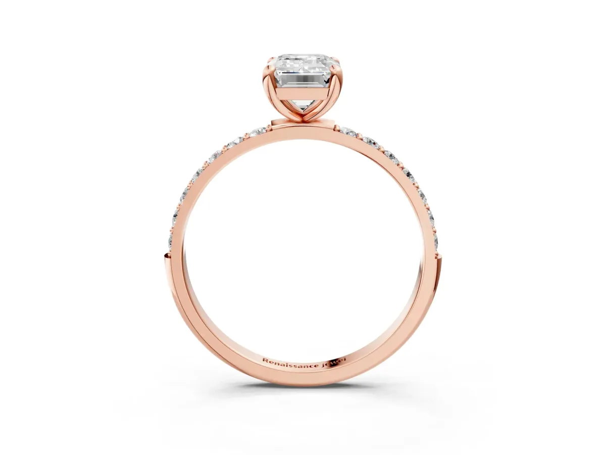 Emerald Cut Diamond Solitaire Ring with Round Pavé Band and Prong Setting Rose gold