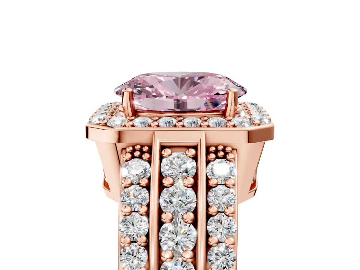 Fancy Pink Oval Cut Halo Diamond Ring with Round Split Shank and Prong Setting Rose gold