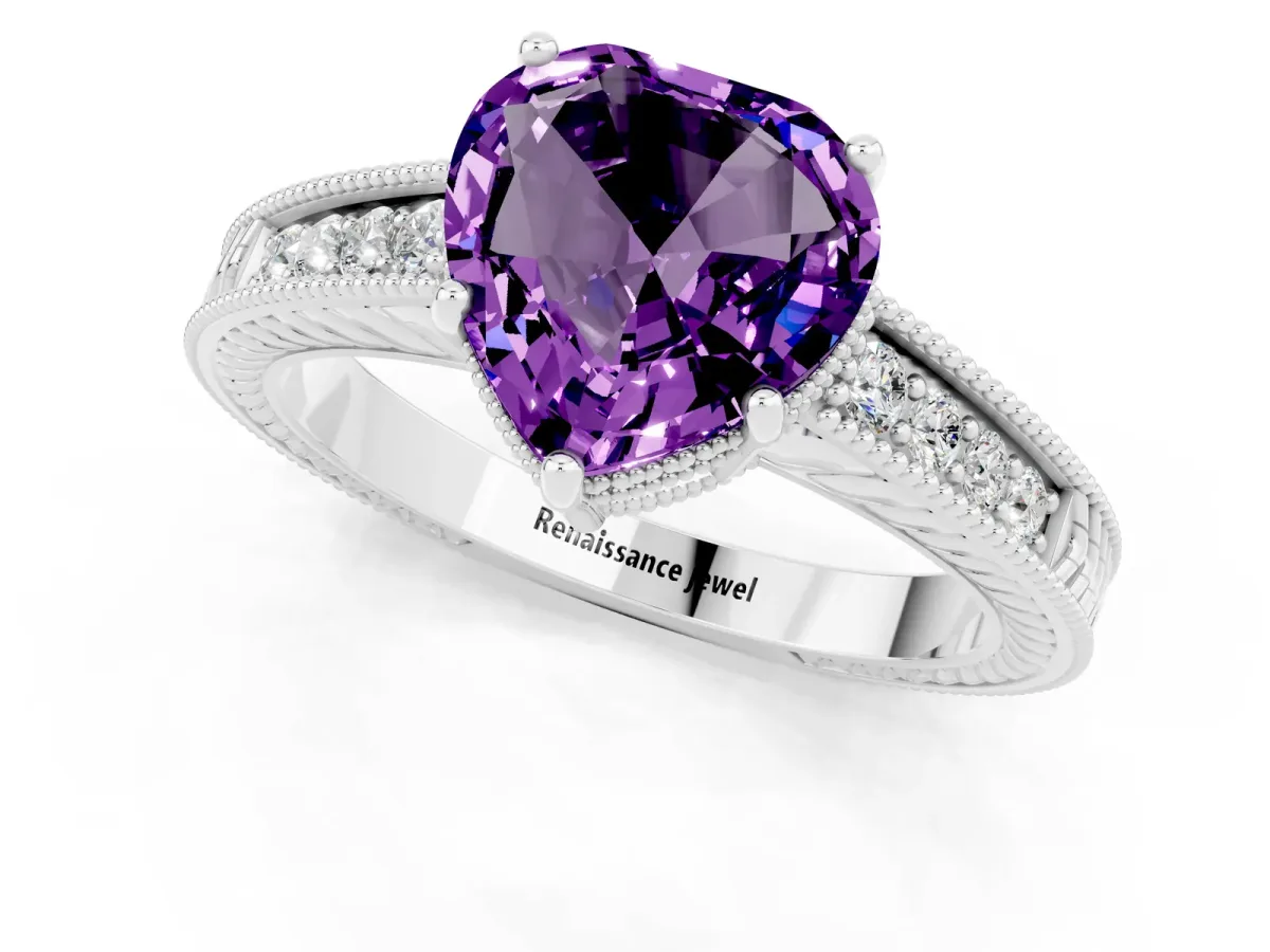 Heart Cut Amethyst Ring with Milgrain Pavé Band and Four-Prong Setting Platinum