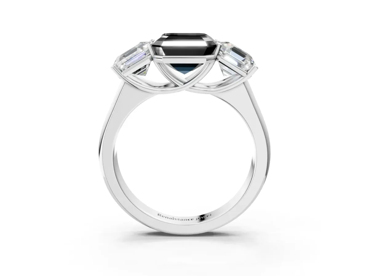 Fancy Black Asscher Cut Three-Stone Diamond Ring with Prong Setting on a Classic Band Platinum