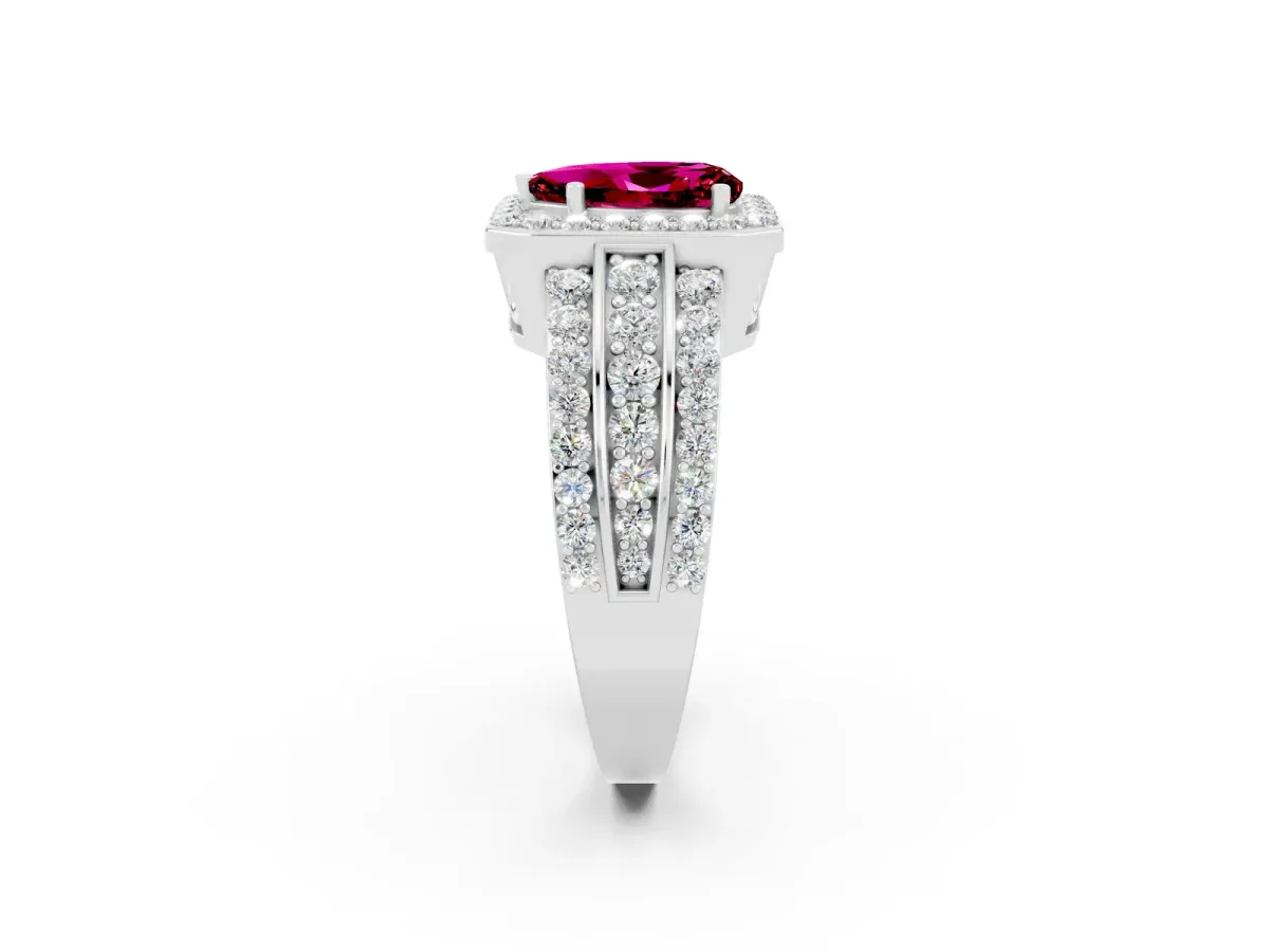 Pear Cut Halo Garnet Ring with Round Split Shank and Prong Setting Silver