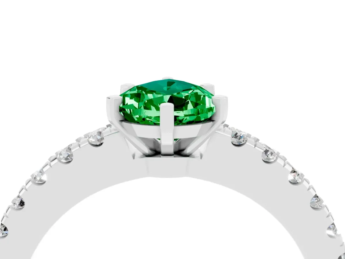 Pear Cut Solitaire Emerald with Pavé Band and Four-Prong Setting White gold