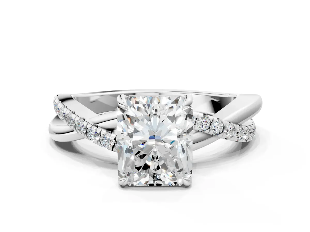 Radiant Cut Cut Diamond Twisted Band with Pavé Setting and Four-Prong Setting Platinum