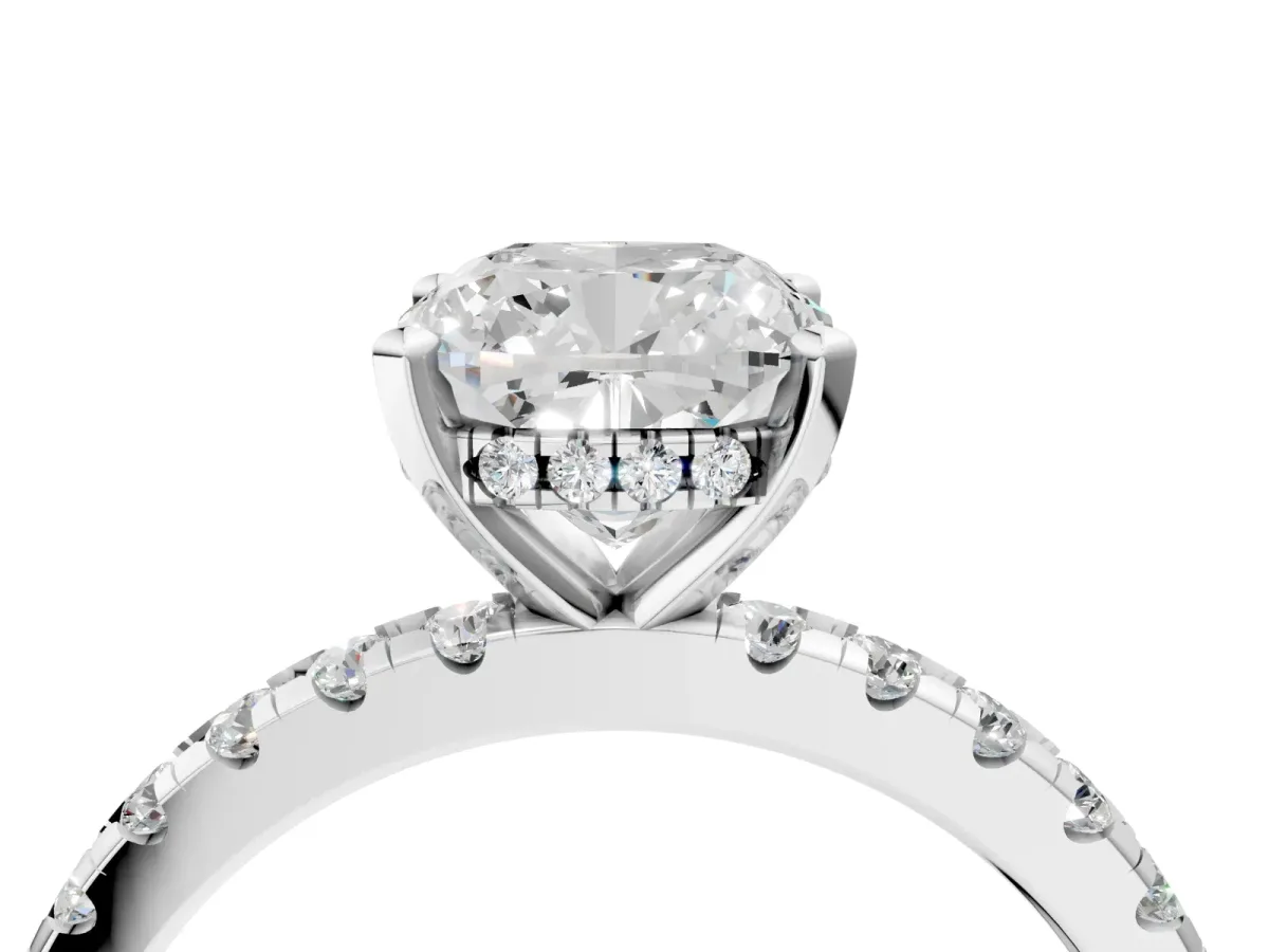 Cushion Cut Diamond Solitaire Ring with Round Pavé Band and Four-Prong Setting Silver