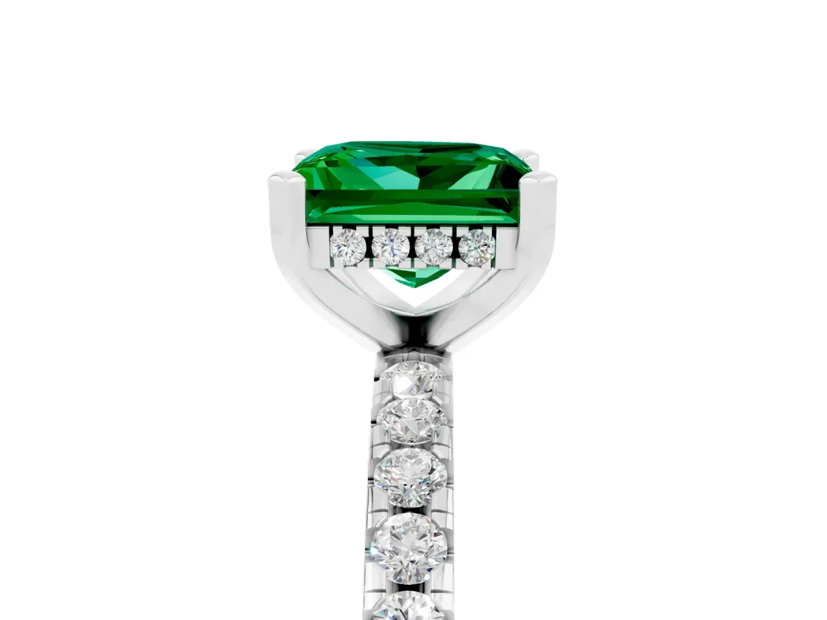 Princess Cut Emerald Solitaire Ring with Round Pavé Band and Four-Prong Setting Silver