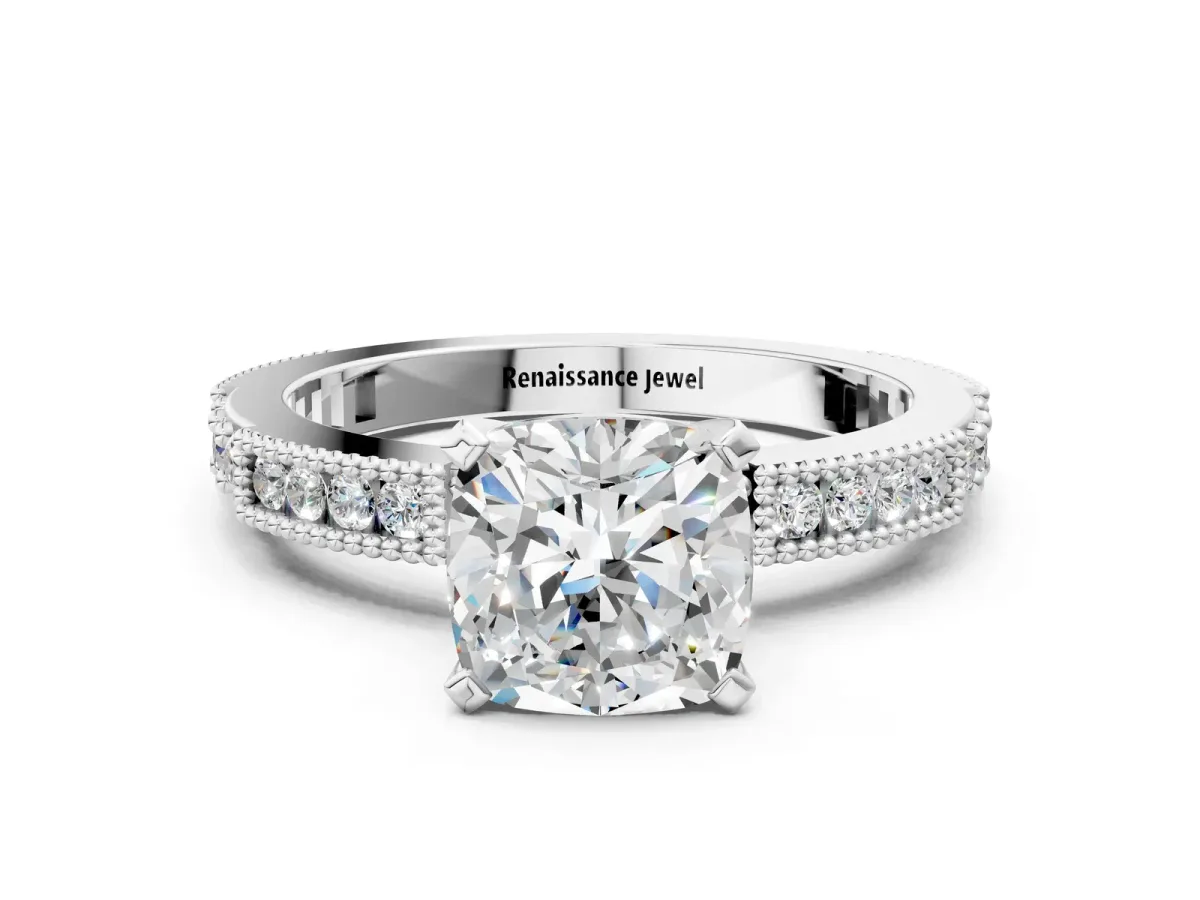 Cushion Cut Solitaire with Pavé Band and Four-Prong Setting Silver
