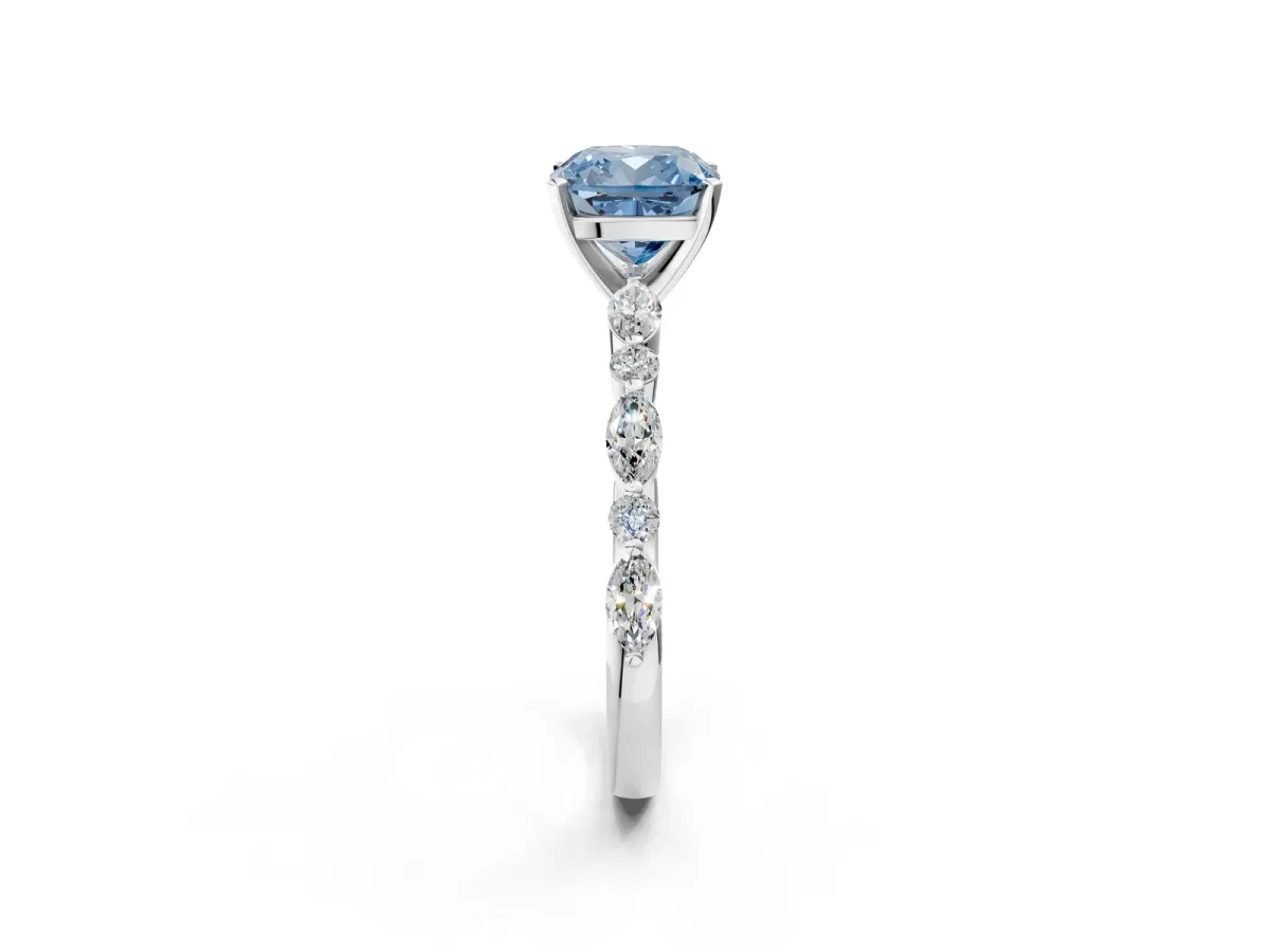 Fancy Blue Cushion Cut Diamond Ring with Marquise and Round Side Stones and Four-Prong Setting Silver