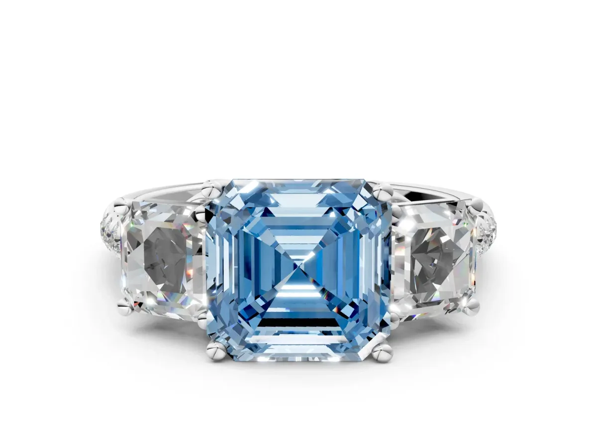 Fancy Blue Three-Stone Asscher Cut Diamond Ring with Round Pavé Band and Prong Setting Silver