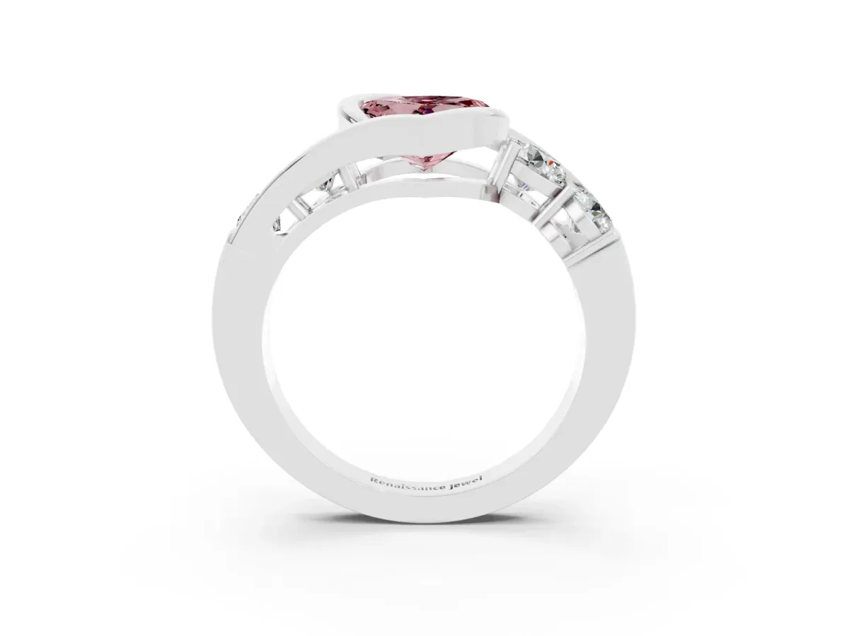 Bezel Set Heart Cut Morganite Bypass Ring with Round Accents Platinum
