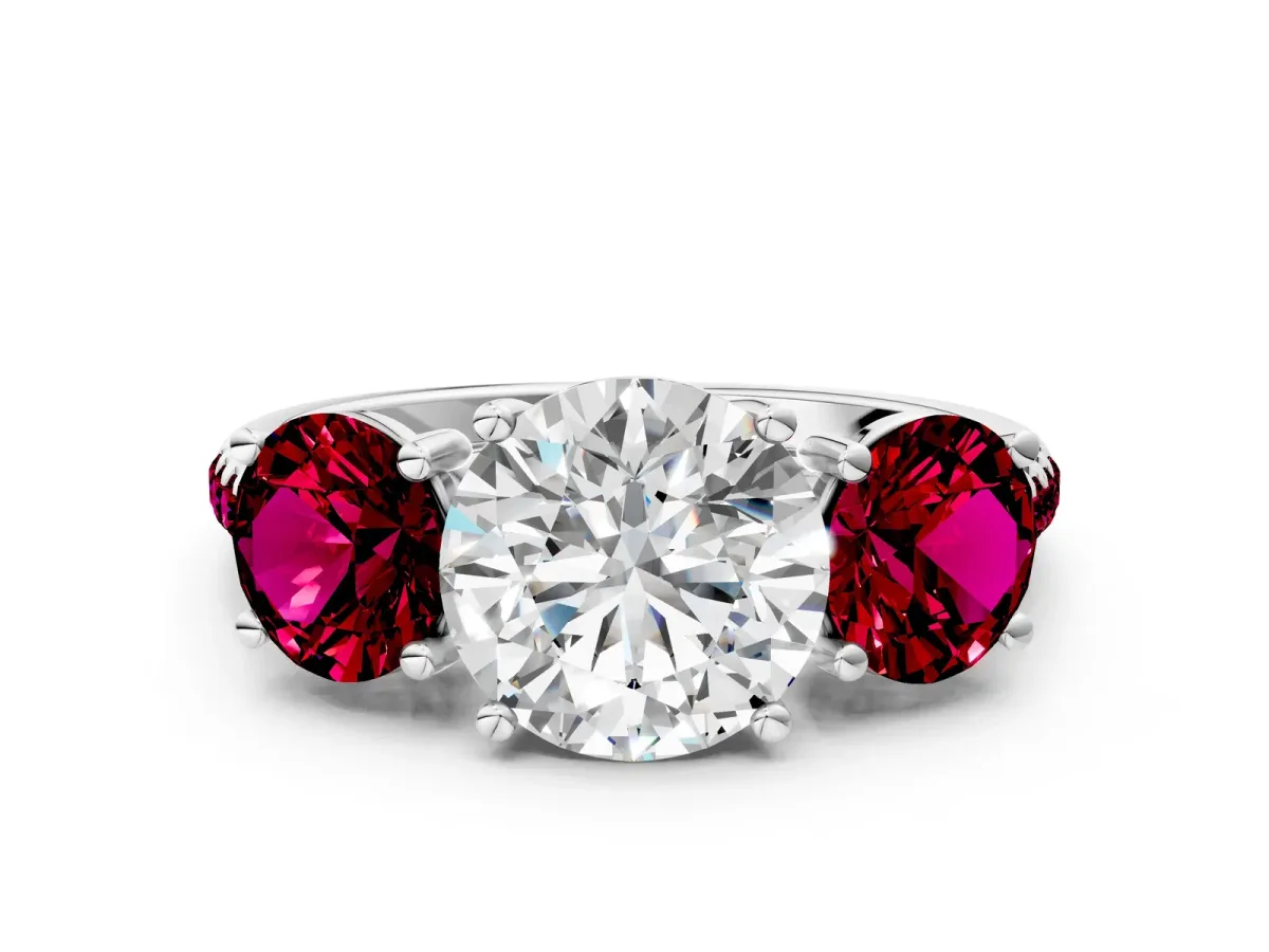 Three-Stone Round Cut Diamond Ring with Round Garnet Pavé Band and Prong Setting Silver