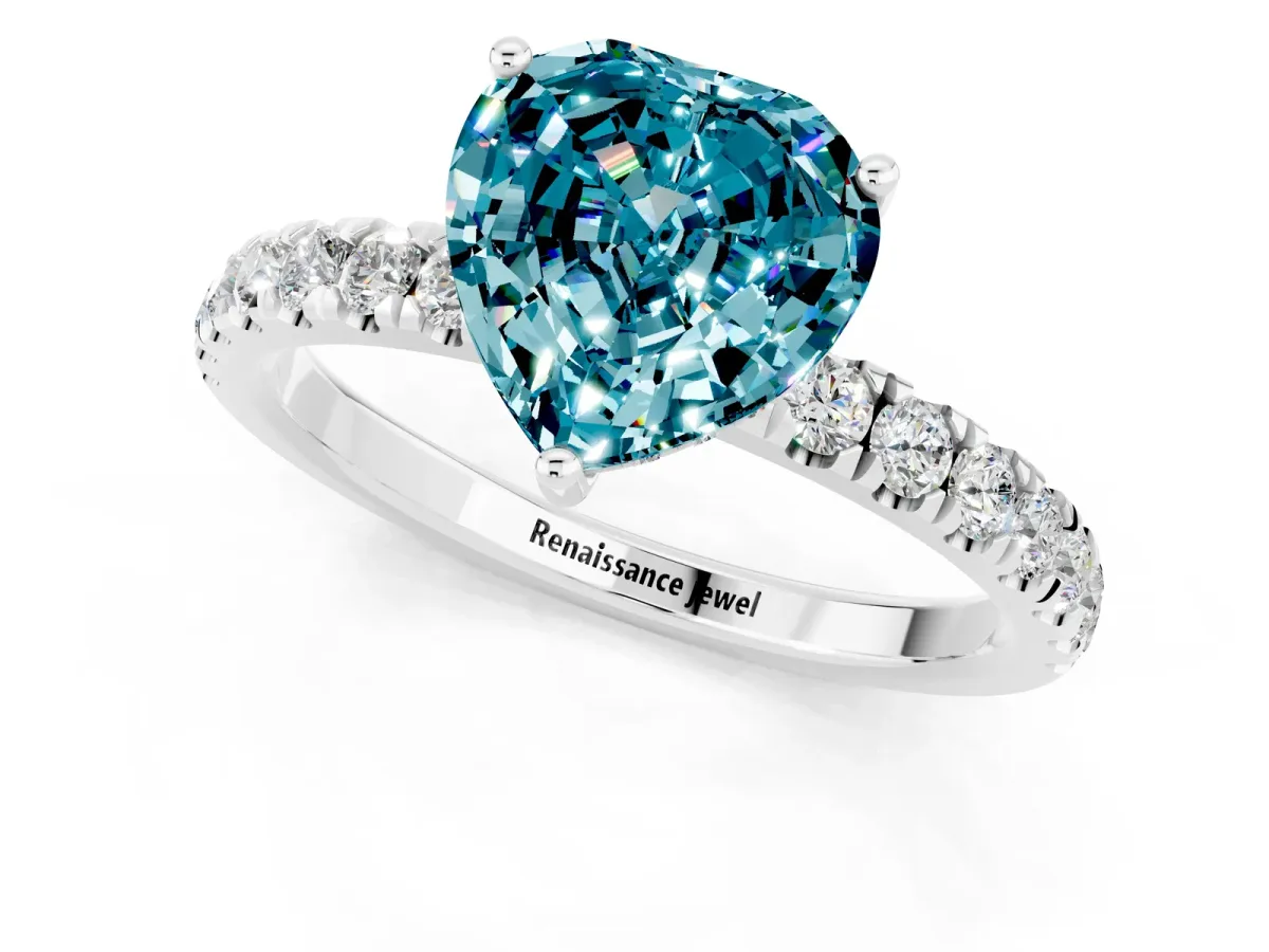 Heart Cut Blue Topaz Pave Band Solitaire Ring with Round and Prong Setting Silver