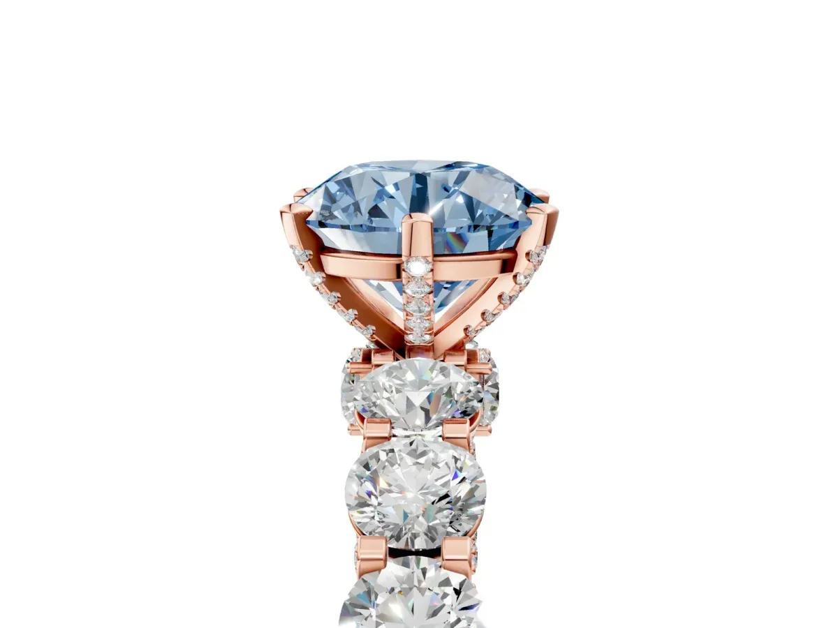 Fancy Blue Round Cut Diamond Side Stone Engagement Ring with Four-Prong Setting Rose gold