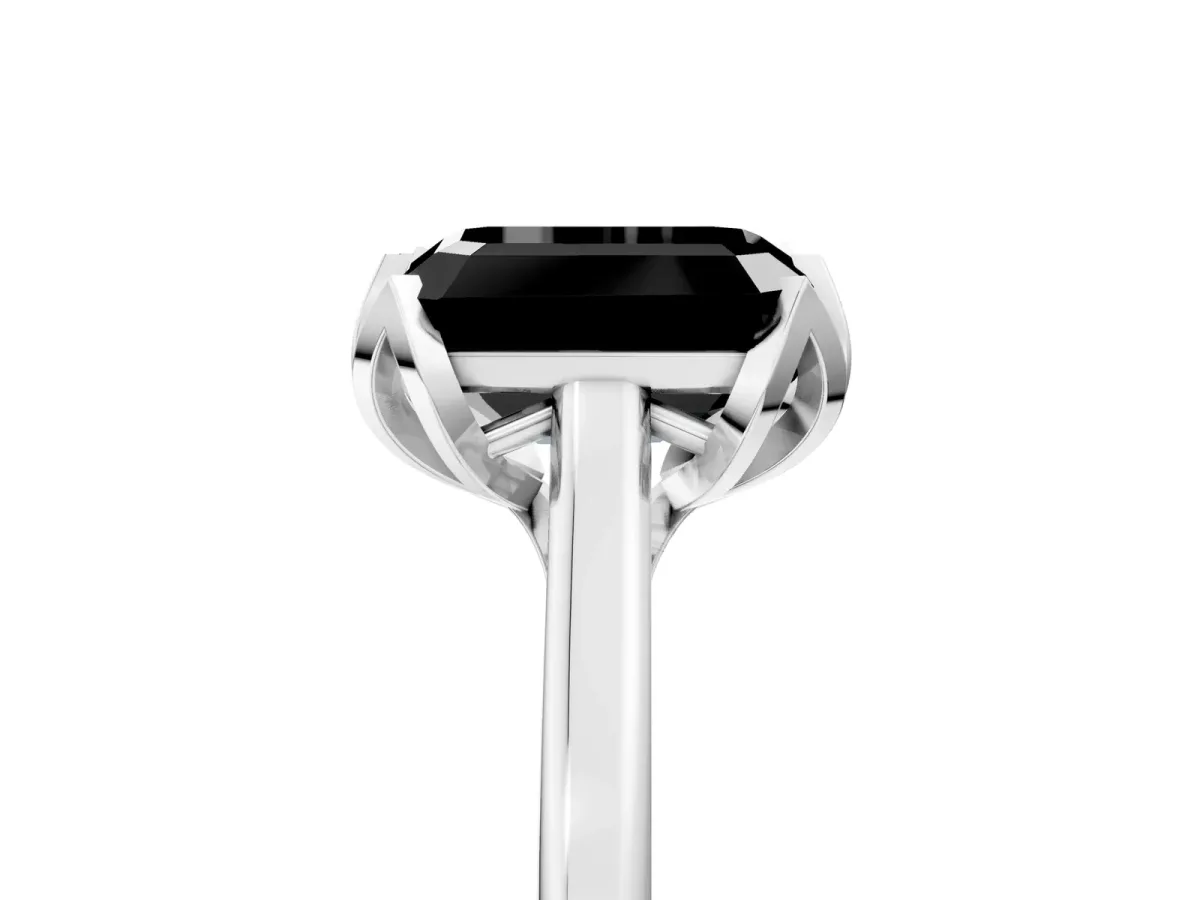 Fancy Black Emerald Cut Diamond Solitaire Ring with Flower Prong Setting and Classic Band White gold