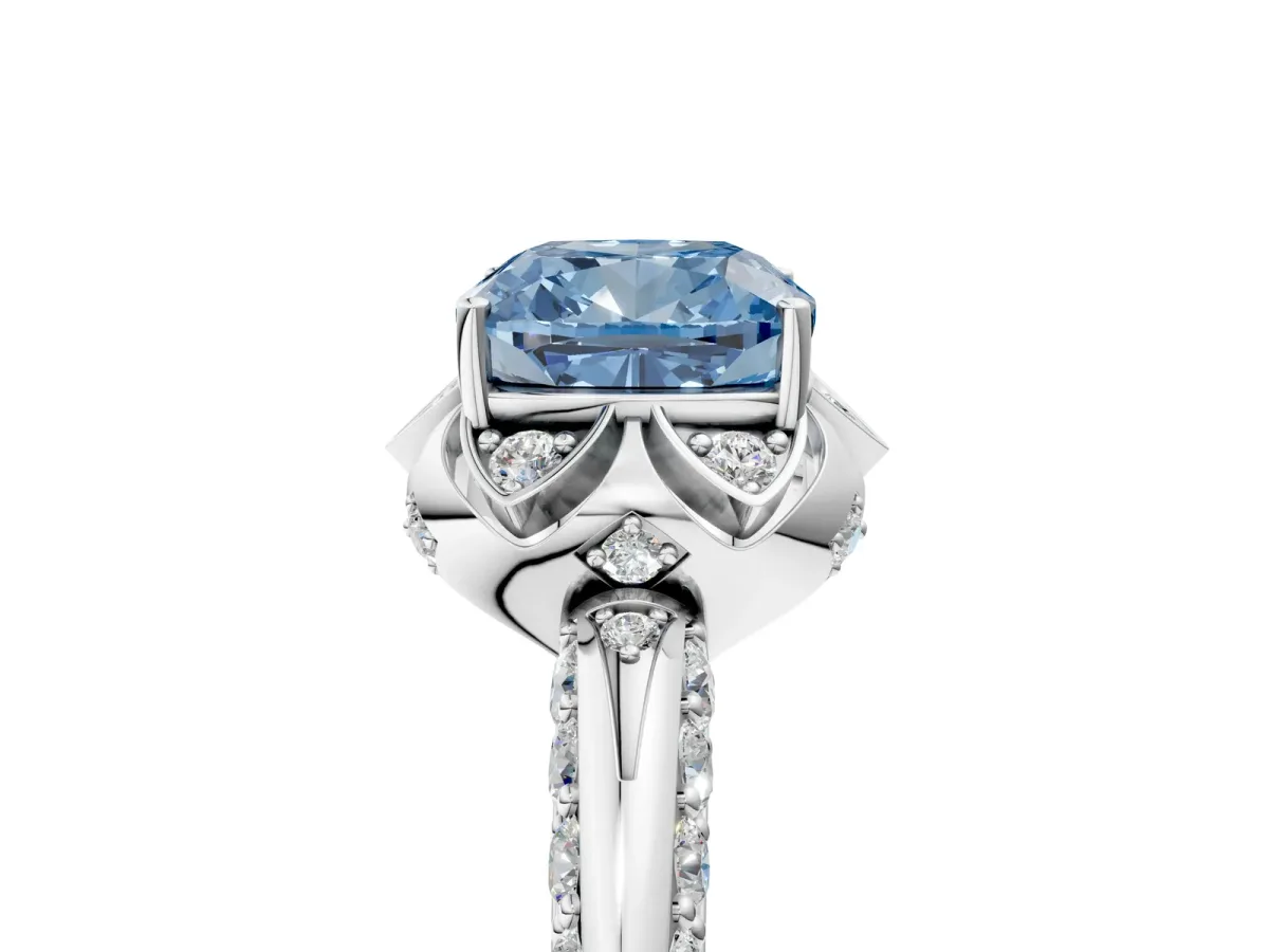 Fancy Blue Cushion Cut Halo Split Shank Pave Diamond Ring with Petal Prong Setting White gold