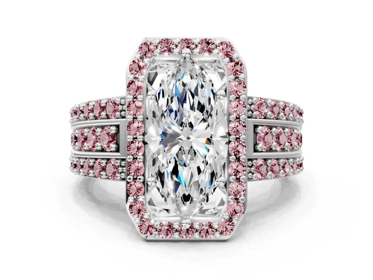 Marquise Cut Halo Diamond Ring with Round Morganite Split Shank and Prong Setting Silver