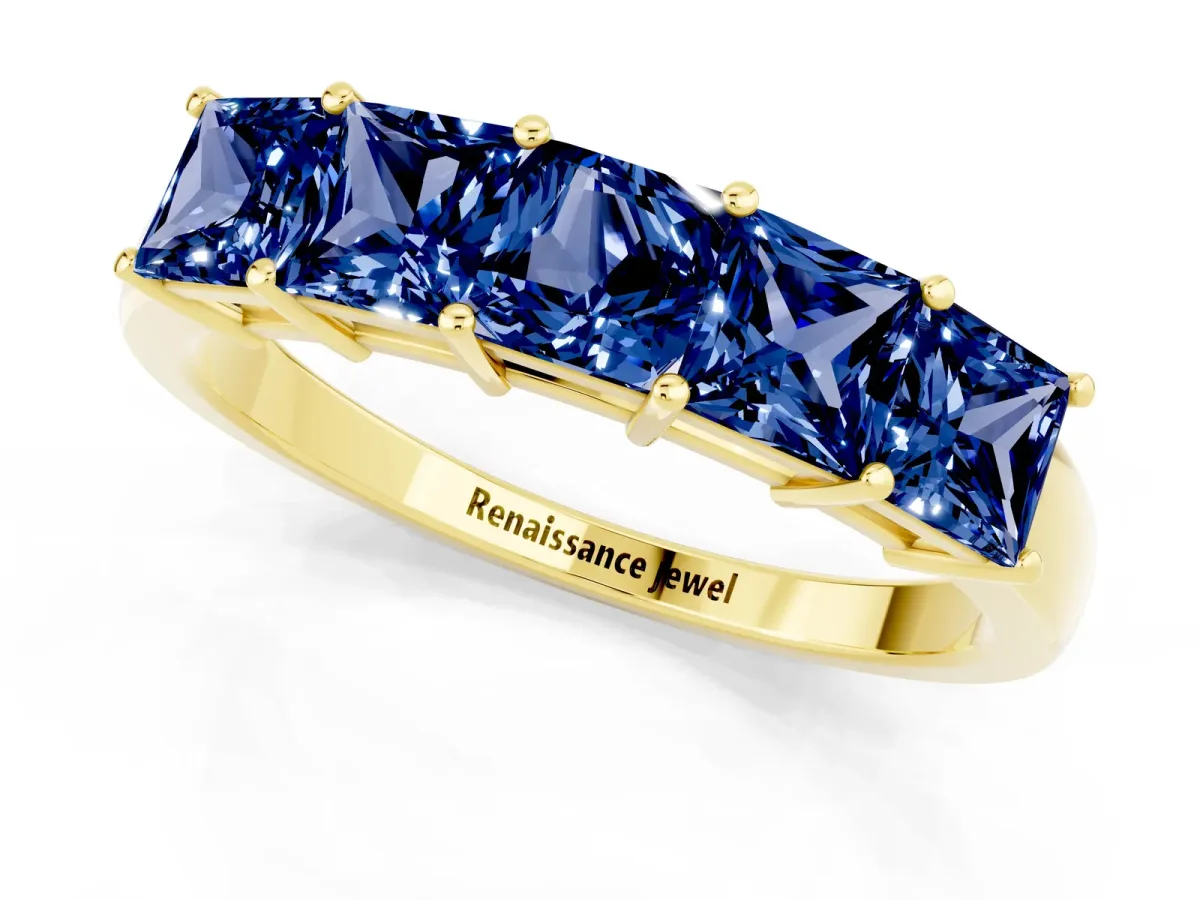 Princess Cut Five-Stone Blue Sapphire Band with Prong Setting Yellow gold