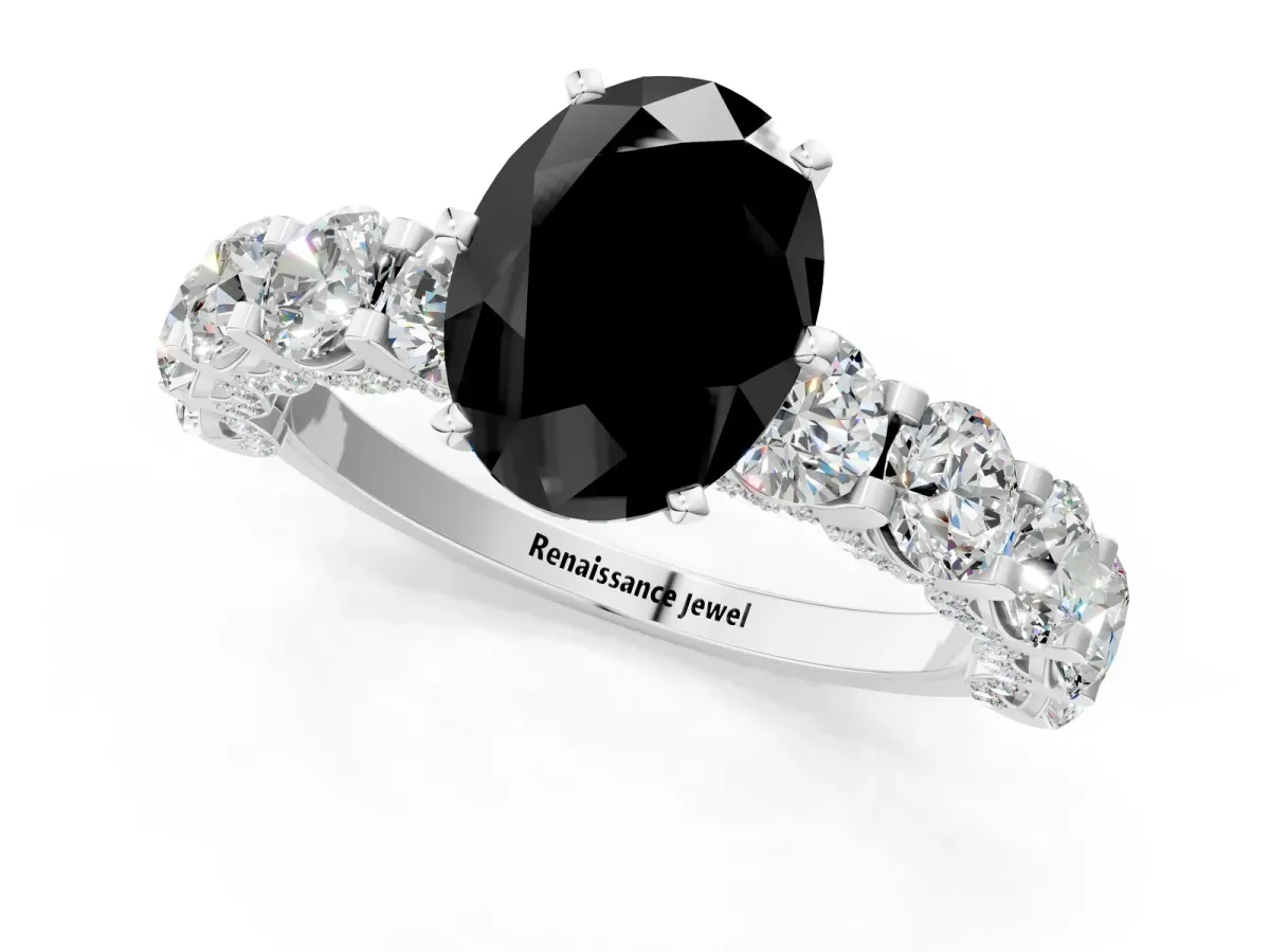 Fancy Black Oval Cut Diamond Side Stone Engagement Ring with Four-Prong Setting White gold