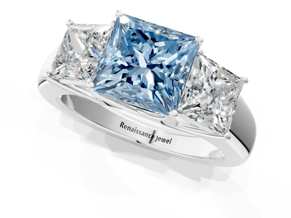 Fancy Blue Three-Stone Princess Cut Cut Diamond Ring with Prong Setting and Classic Band White gold