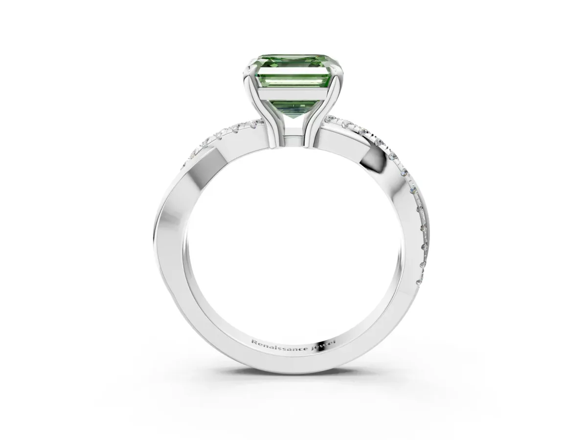 Fancy Green Asscher Cut Cut Twist Band Solitaire Diamond Ring with Pavé Setting Platinum