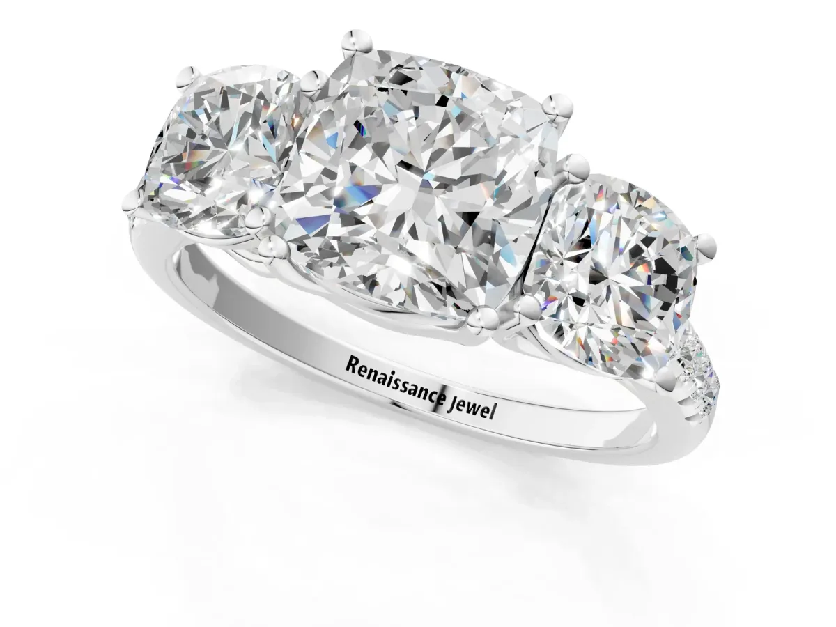 Three-Stone Cushion Cut Diamond Ring with Round Moissanite Pavé Band and Prong Setting Silver