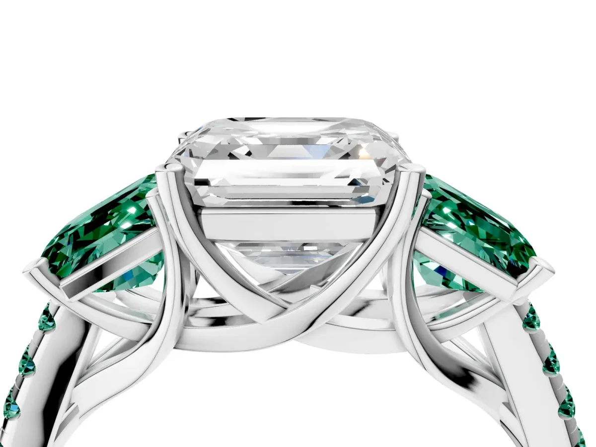 Three-Stone Asscher Cut Diamond Ring with Round Green Sapphire Pavé Band and Prong Setting Silver