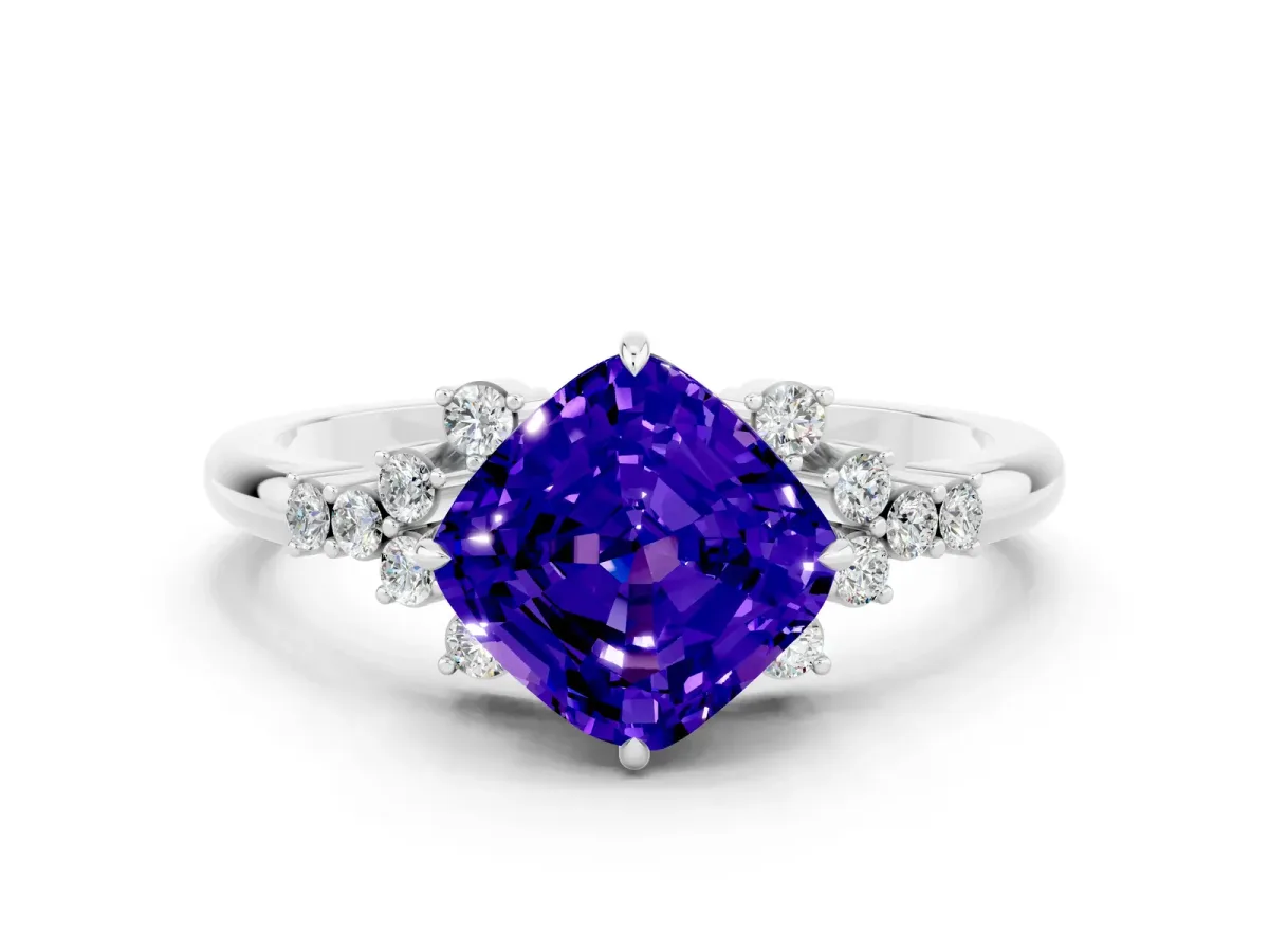 Cushion Cut Tanzanite Ring with Side Stones and Four-Prong Setting Silver