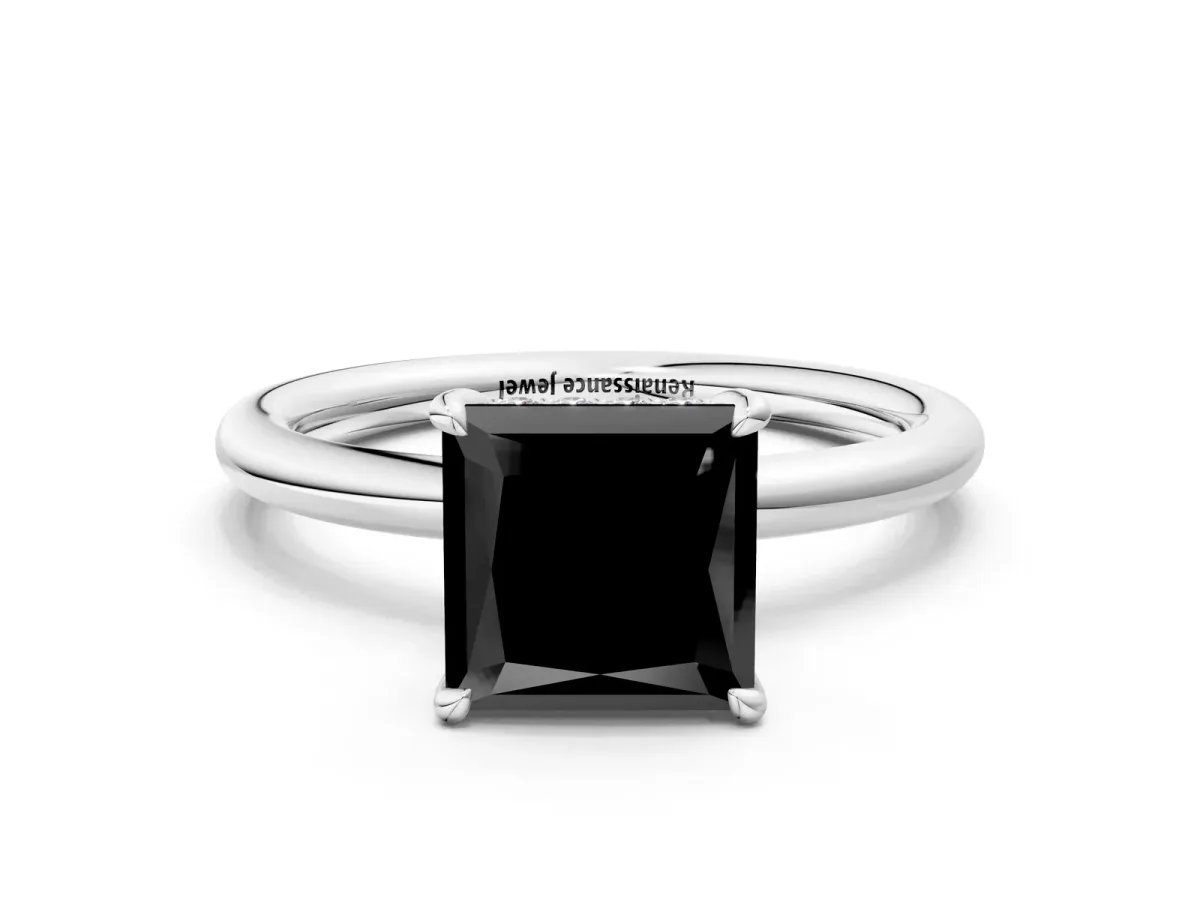 Fancy Black Princess Cut Diamond Solitaire Ring with Thin Band and Four-Prong Setting White gold