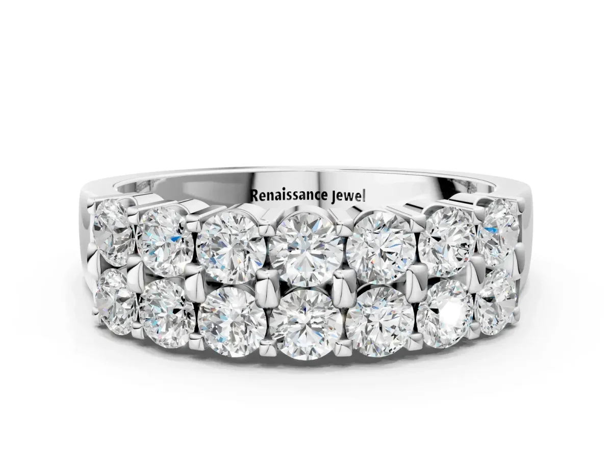 Three-Row Round Diamond Channel Band with Shared Prong Setting Silver