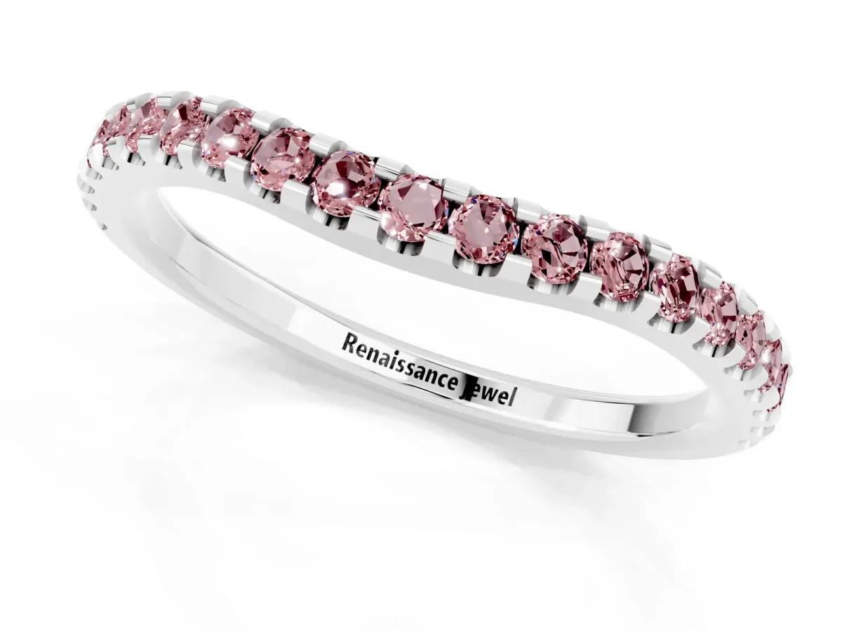 Round Morganite Pavé Curved Wedding Band Silver