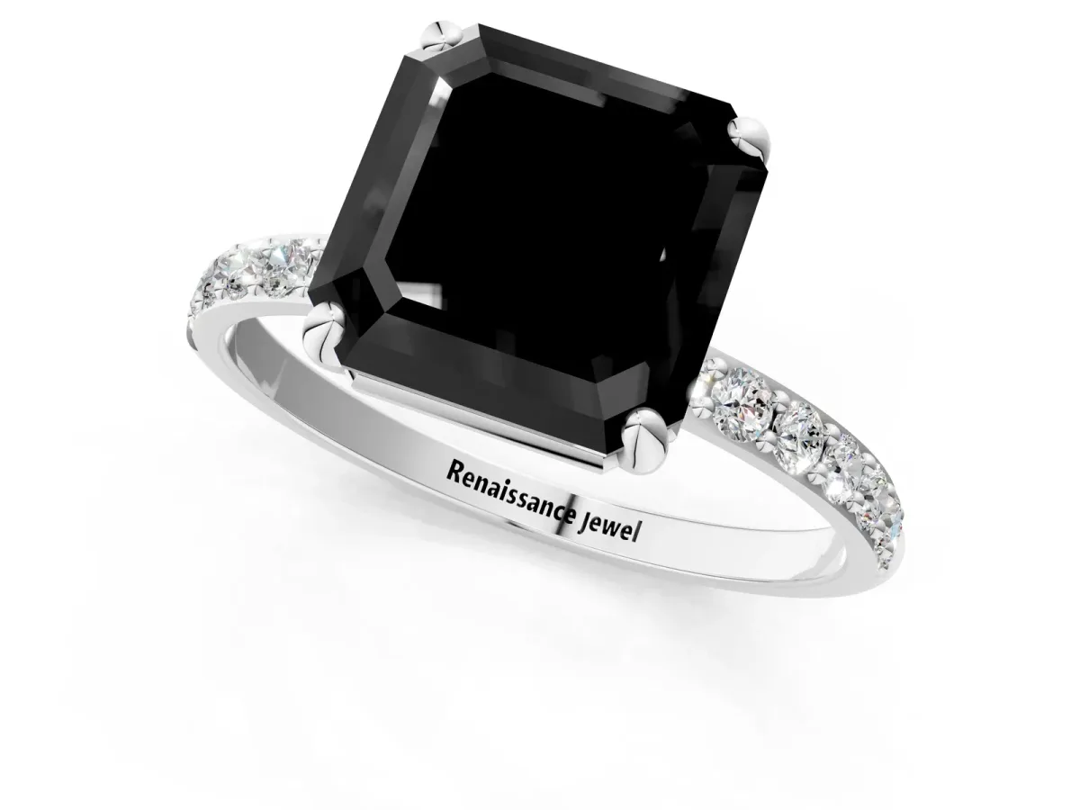 Fancy Black Asscher Cut Diamond Solitaire Ring with Round Pavé Band and Prong Setting Silver