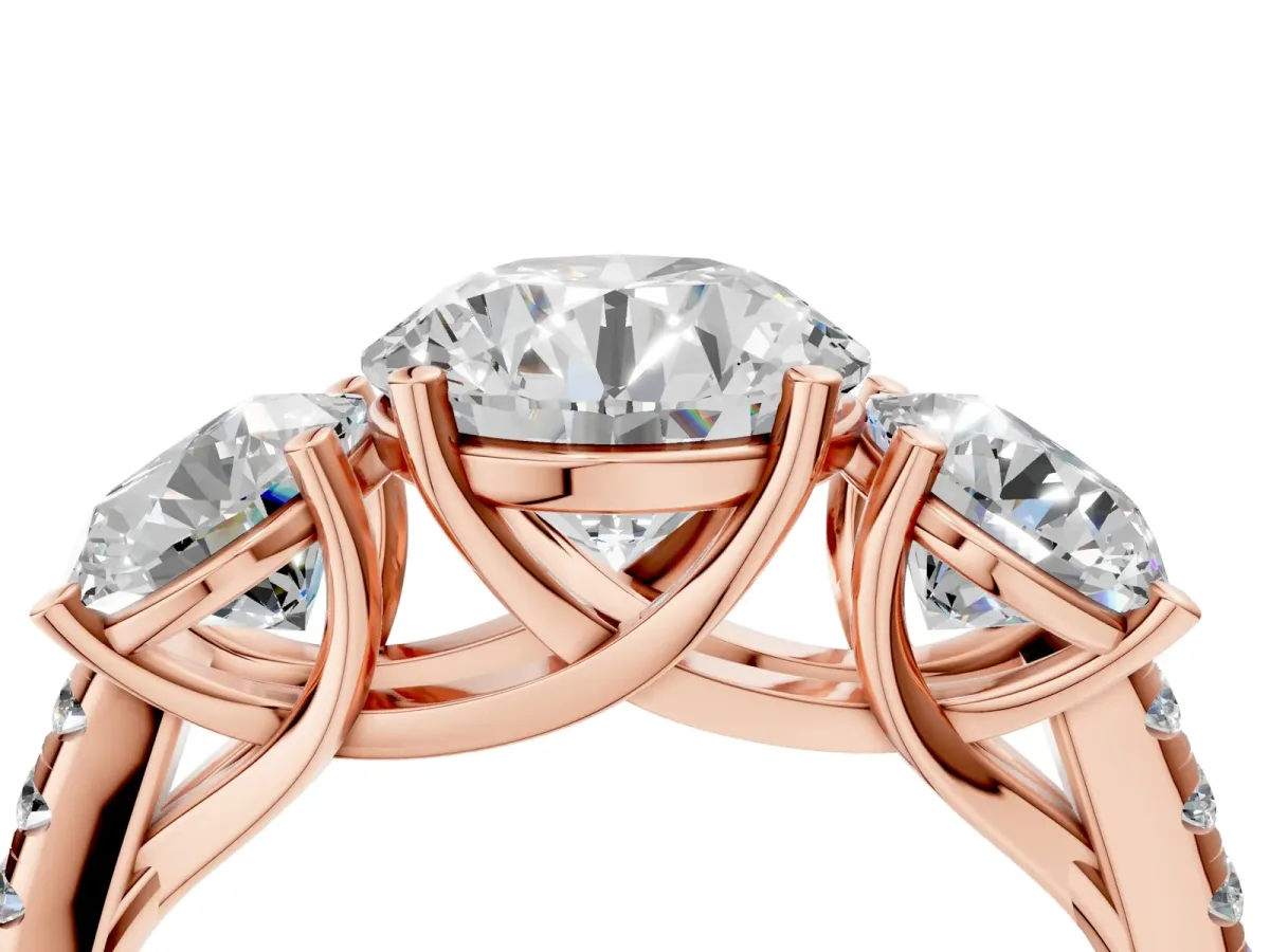 Three-Stone Round Cut Diamond Ring with Round Pavé Band and Prong Setting Rose gold