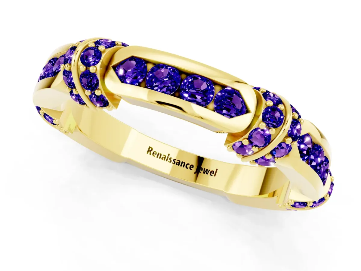 Pavé Round Tanzanite Link Band with Bezel Setting Yellow gold