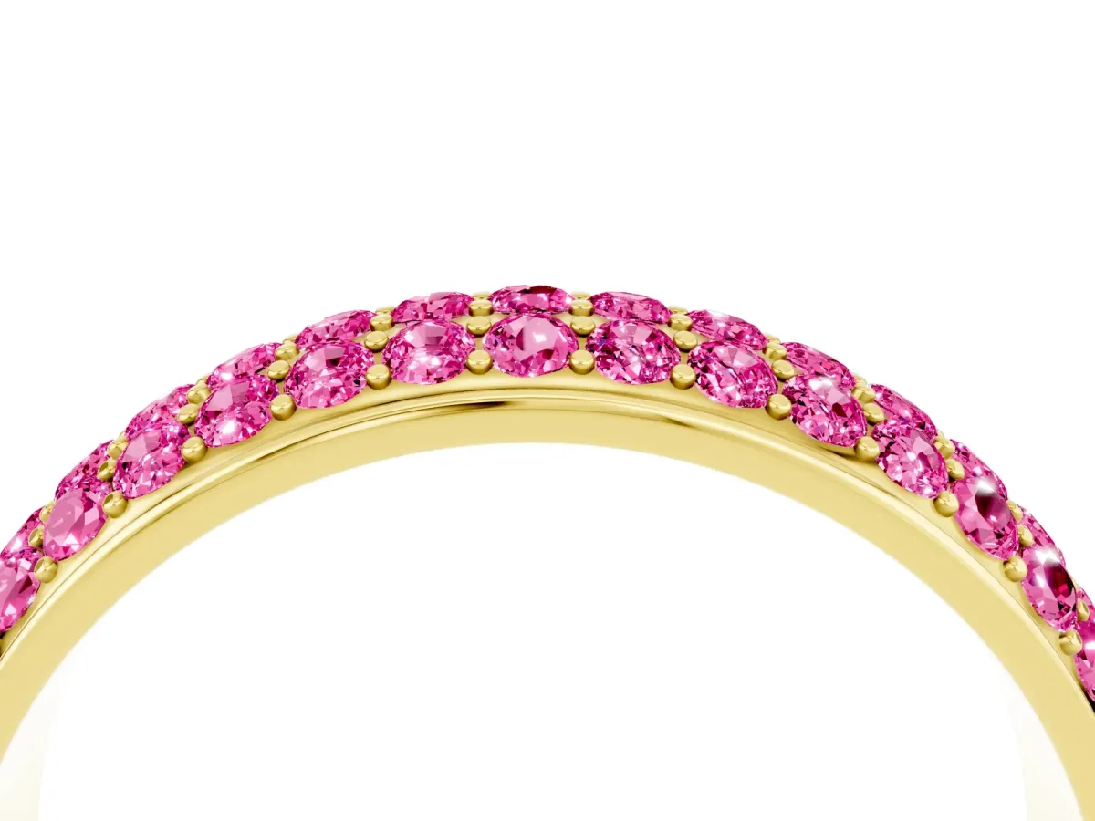 Three-Row Round Pink Sapphire Eternity Band with Shared Prong Setting Yellow gold