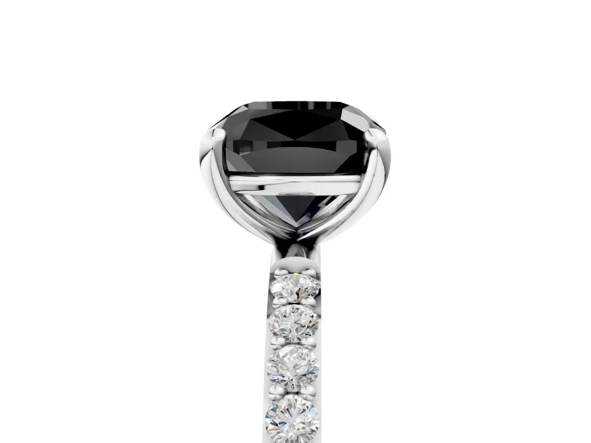 Fancy Black Cushion Cut Diamond Solitaire Ring with Round Pavé Band and Prong Setting Silver