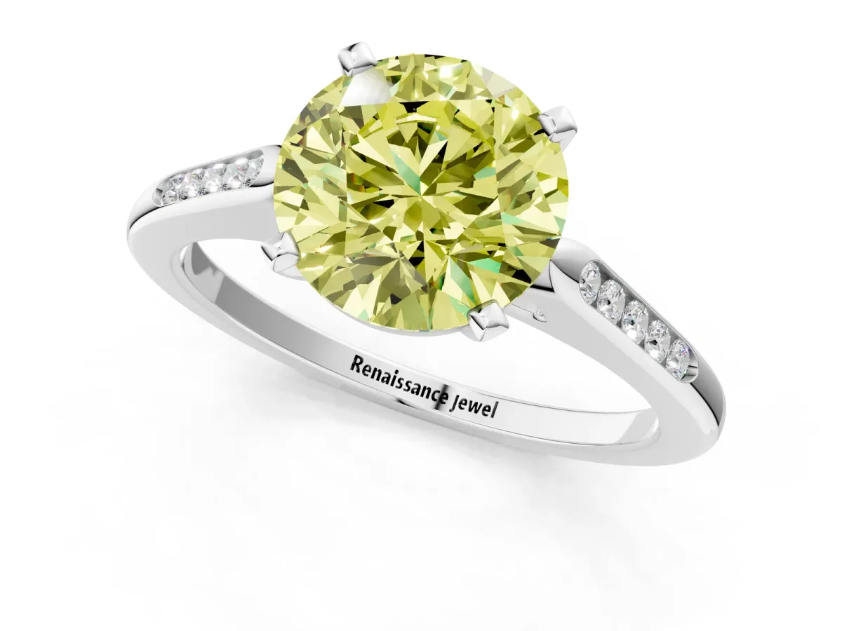 Fancy Yellow Round Cut Diamond Solitaire Ring with Channel Set Round Band and Prong Setting Platinum