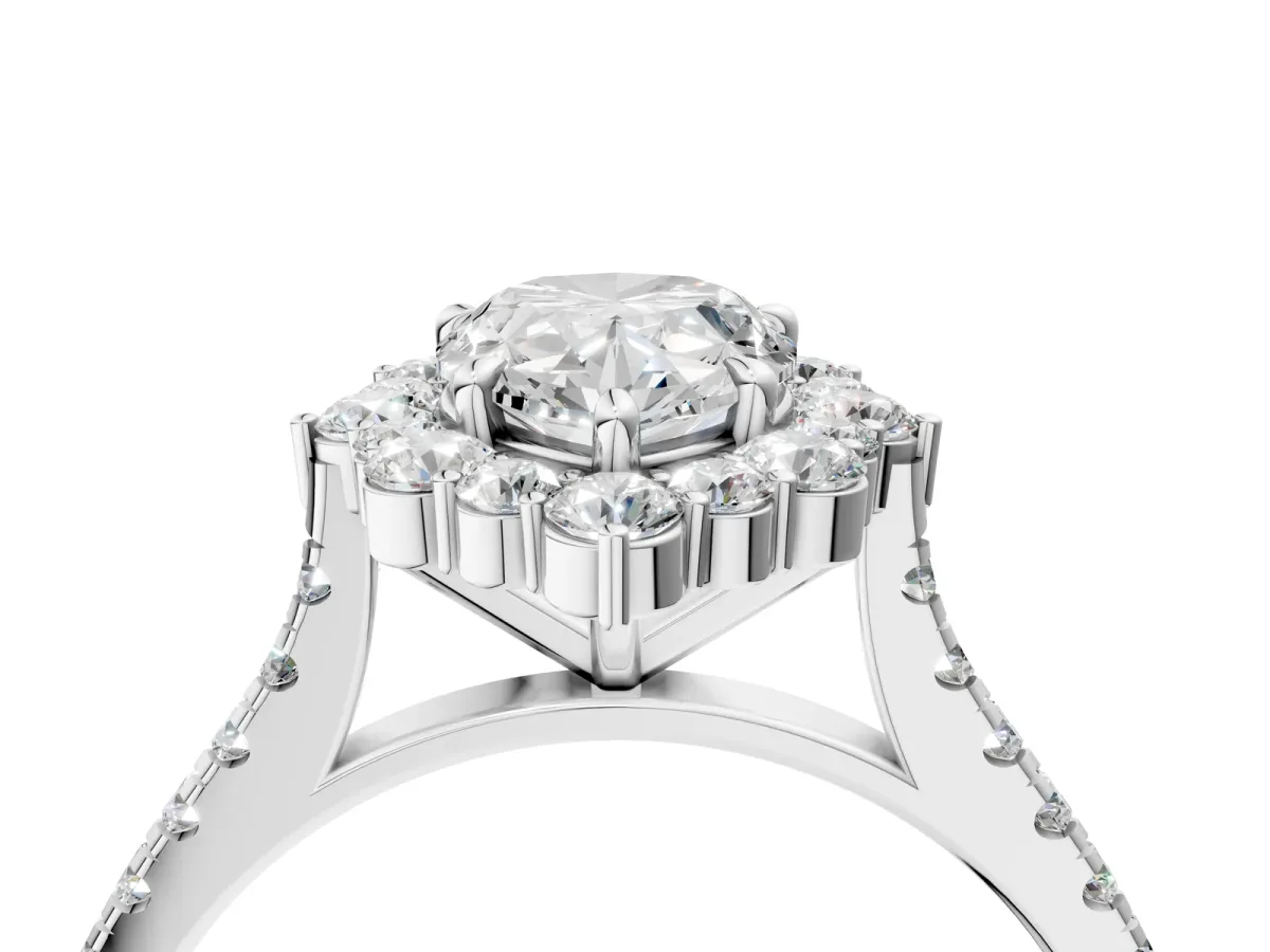 Pear Cut Halo Diamond Ring with Pavé Band and Prong Setting Silver