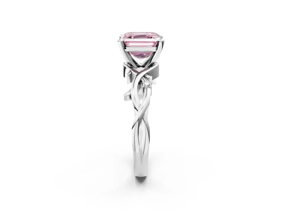Fancy Pink Asscher Cut Diamond Solitaire Ring with Twisted Band and Prong Setting Silver