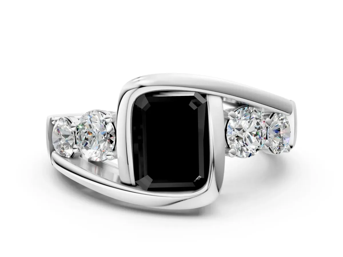 Fancy Black Bezel Set Emerald Cut Diamond Bypass Ring with Round Accents Platinum