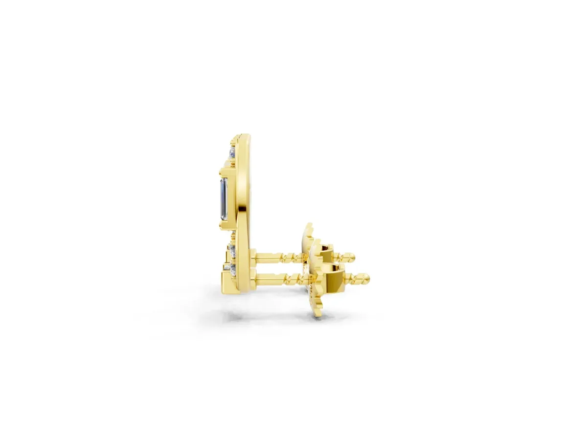 Baguette and Round Diamond Horseshoe Stud Earrings Yellow gold
