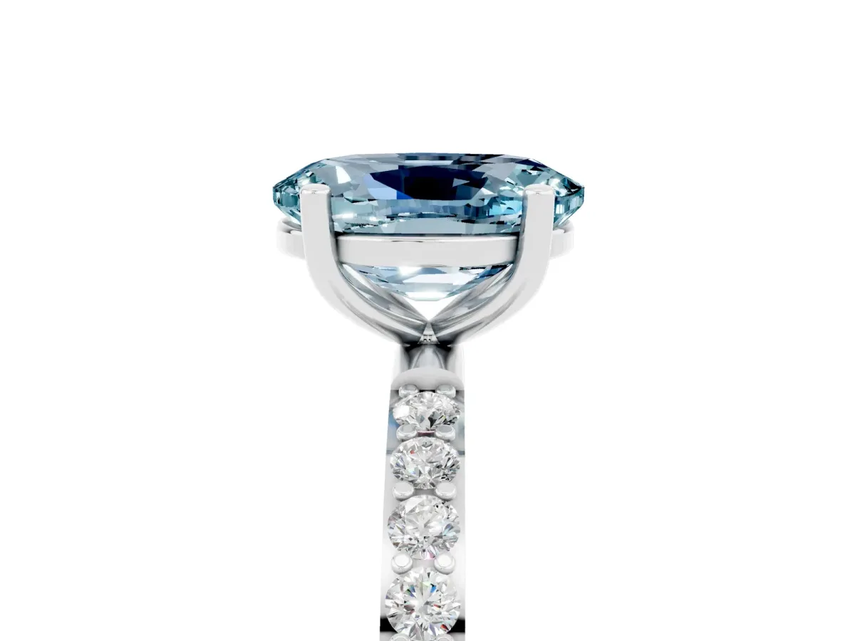 Oval Cut Aquamarine Solitaire Ring with Round Pavé Band and Prong Setting Silver