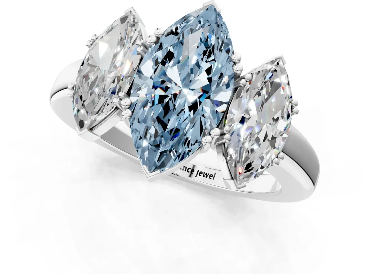 Fancy Blue Three-Stone Marquise Cut Cut Diamond Ring with Channel Set Band and Four-Prong Setting Platinum