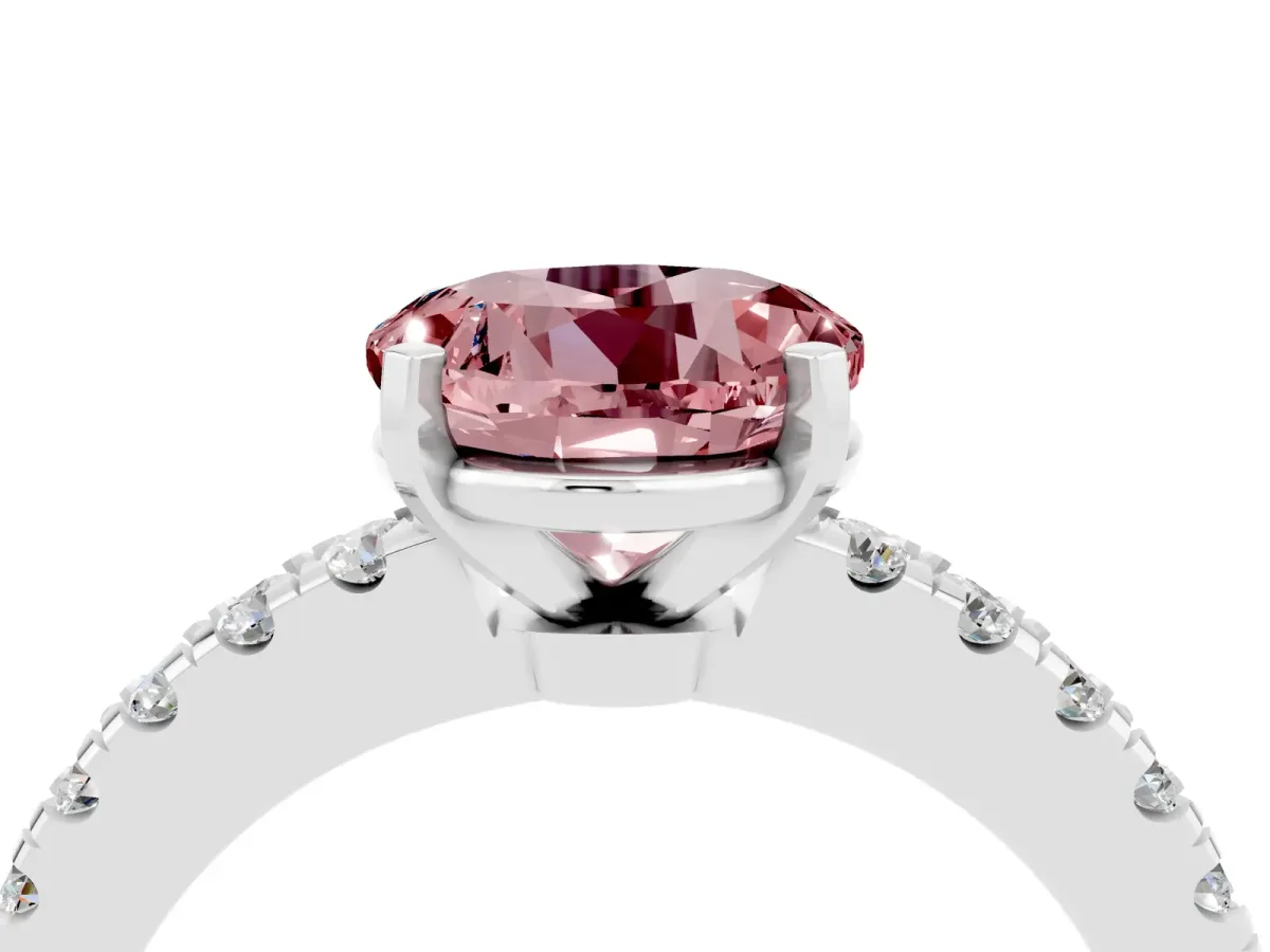 Round Cut Solitaire Morganite with Pavé Band and Four-Prong Setting Silver