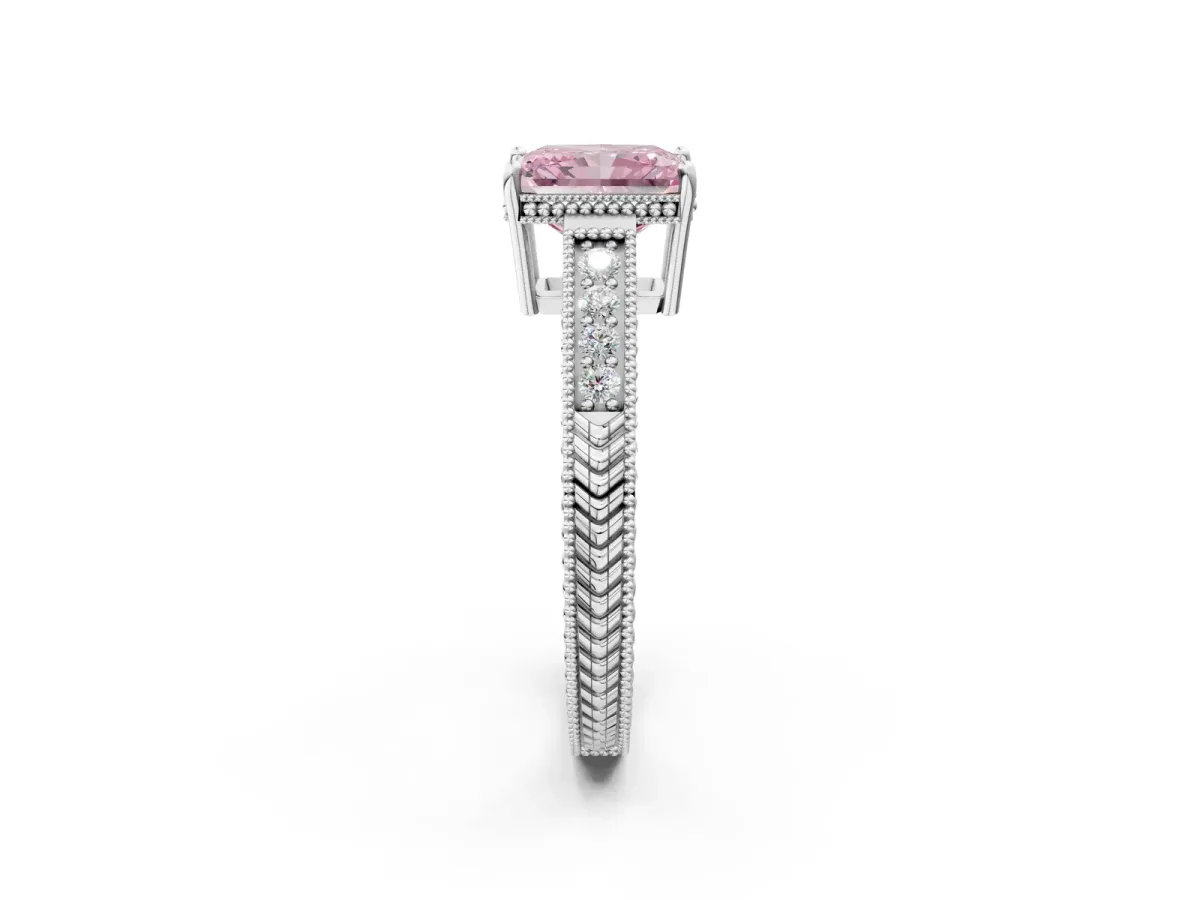 Fancy Pink Radiant Cut Cut Diamond Milgrain Pave Band Four-Prong Setting Ring Platinum