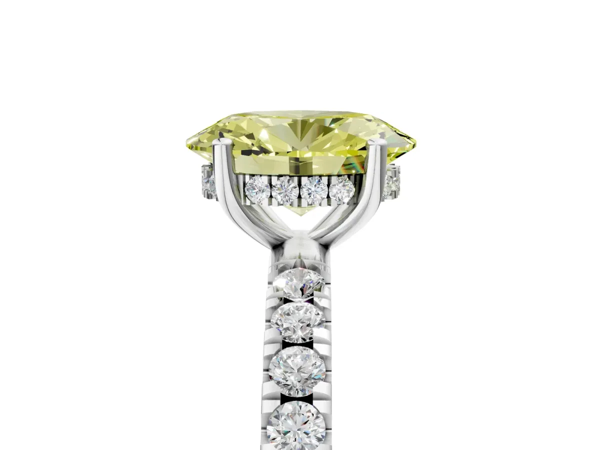 Fancy Yellow Oval Cut Diamond Pave Band Solitaire Ring with Round and Prong Setting Platinum